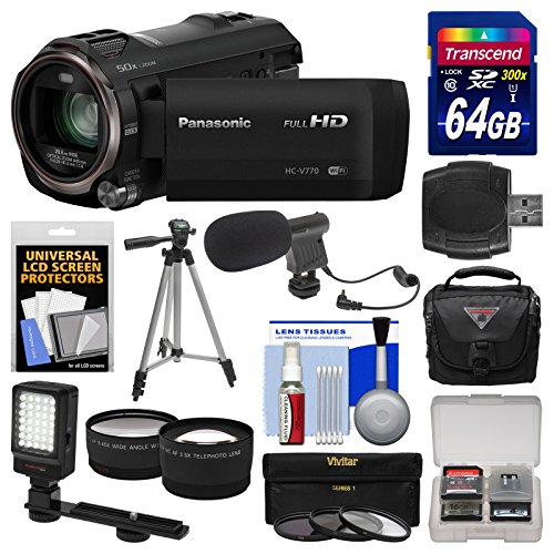 Panasonic-HC-V770-Wireless-Smartphone-Twin-Wi-Fi-HD-Video-Camera-Camcorder-64GB-Card-Case-LED-Light-Microphone-Tripod-TeleWide-Lens-Kit-0