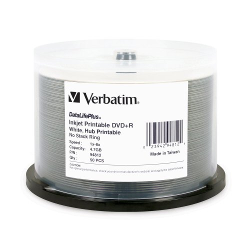 Verbatim DVD+R 4.7GB 8X DataLifePlus Inkjet Printable, Hub Printable 50 ...