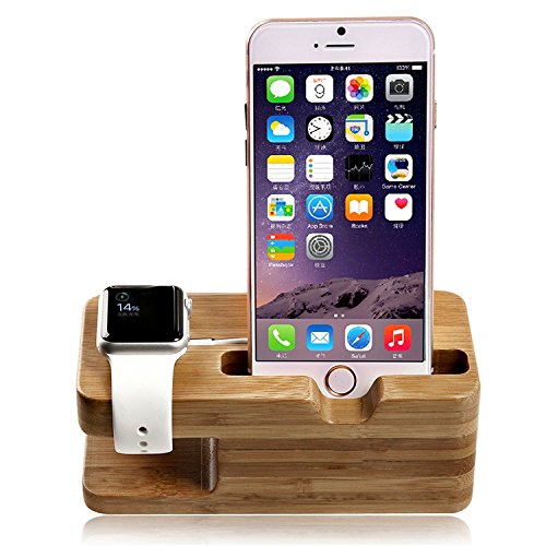 Blimark-Smartphone-AppleAndroid-Apple-Watch-Dual-StandiWatch-Bamboo-Wood-Charging-Stand-Bracket-Docking-Station-Stock-Cradle-HolderFits-All-iPhone-Models-and-Both-38mm-and-42mm-Sizes-of-2015-Watch-Mod-0