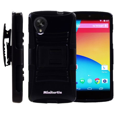 MINITURTLE-Rugged-Hybrid-Dual-Layer-Armor-Phone-Case-Cover-with-Built-in-Kickstand-Holster-Belt-Clip-and-Screen-Protector-for-Android-Smartphone-LG-Google-Nexus-5-Black-0