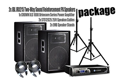 PACKAGE-Two-2-x-JBL-JRX215-Two-Way-Sound-Reinforcement-PA-Speakers-1x-CROWN-XLS1000-Drivecore-Series-Power-Amplifier-2x-STS12G25-25Ft-Speakon-Cables-2x-EMB-Speaker-Stands-0